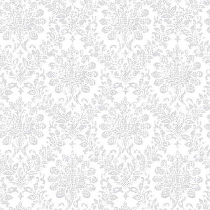Grey damask pattern wallpaper with ornate floral motifs on white background.