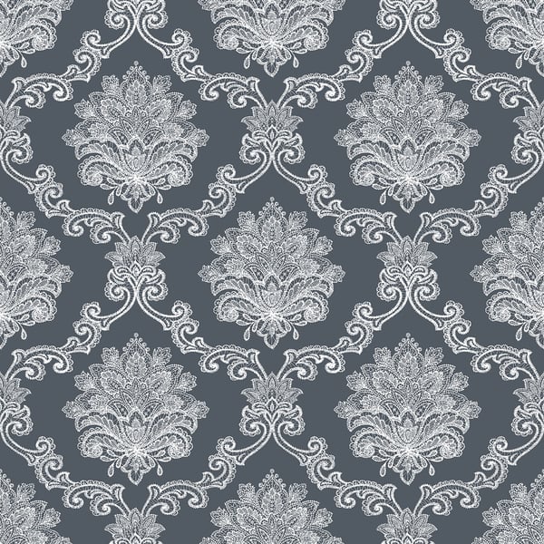 Black damask pattern with silver ornate medallions; wallpaper.