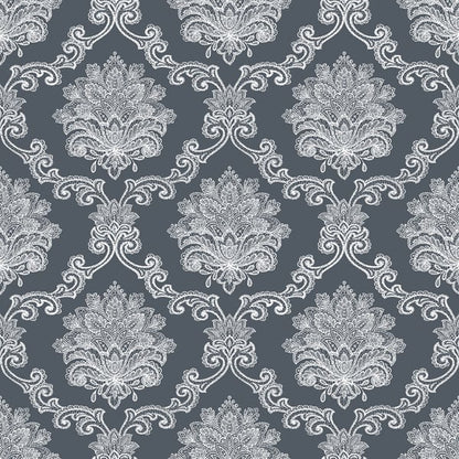 Black damask pattern with silver ornate medallions; wallpaper.