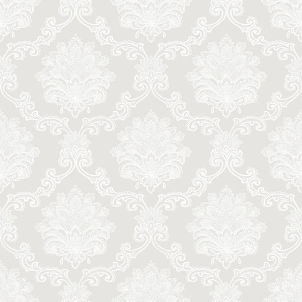 Cream damask pattern with white ornate floral motifs; damask wallcovering.