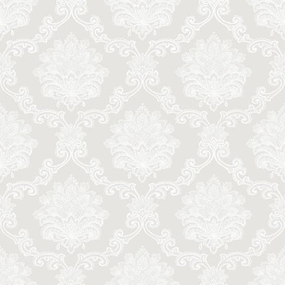 Cream damask pattern with white ornate floral motifs; damask wallcovering.