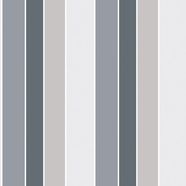 Vertical stripe pattern on wallcovering in muted blue-gray, gray, taupe & white; contemporary decor.