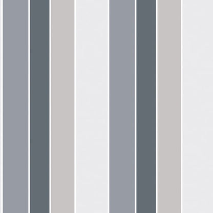 Vertical stripe pattern on wallcovering in muted blue-gray, gray, taupe & white; contemporary decor.