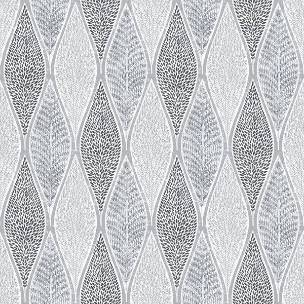 Grey teardrop-leaf wallpaper with alternating light and dark leaves in a slender, repeating pattern.