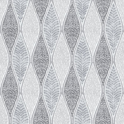 Grey teardrop-leaf wallpaper with alternating light and dark leaves in a slender, repeating pattern.