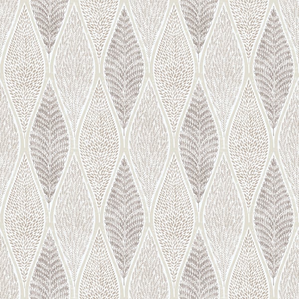 Neutral wallpaper with repeating diamond lattice of subtle leaf motifs in ivory, taupe & gray.