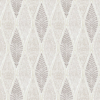 Neutral wallpaper with repeating diamond lattice of subtle leaf motifs in ivory, taupe & gray.