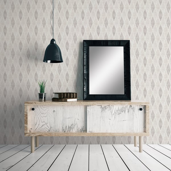 Beige teardrop-leaf wallpaper with geometric pattern.