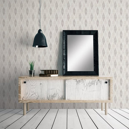 Beige teardrop-leaf wallpaper with geometric pattern.