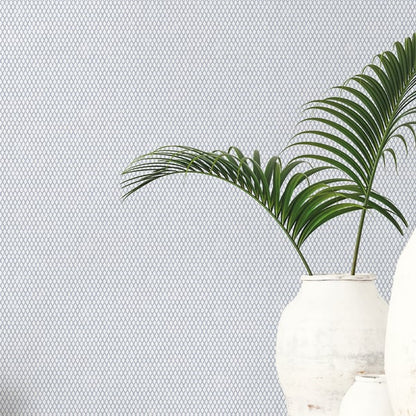 Blue wallpaper with a small double-link pattern.