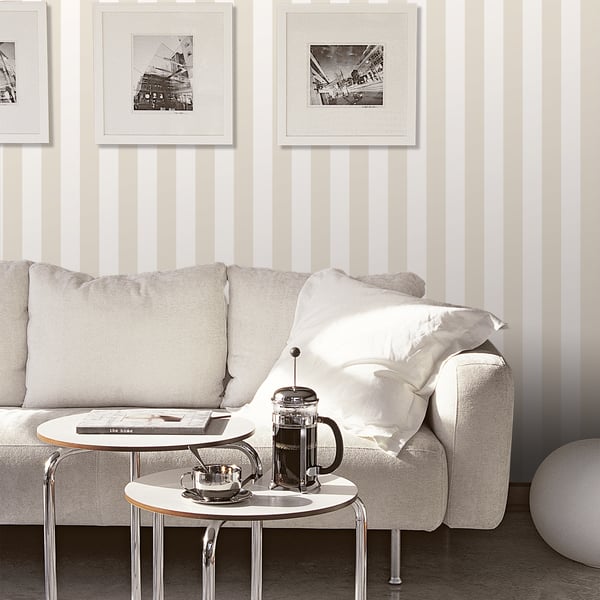 Taupe and beige vertical striped wallpaper from Galerie’s Smart Stripes 3 collection (G67526), ideal for modern coastal and classic home interiors.