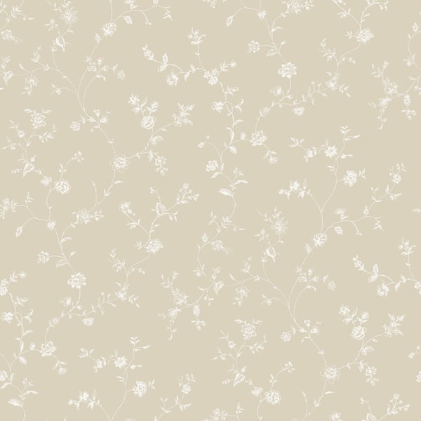 Beige wallpaper with delicate white floral vines and small blossoms in a vintage botanical pattern.