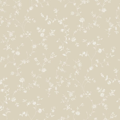 Beige wallpaper with delicate white floral vines and small blossoms in a vintage botanical pattern.