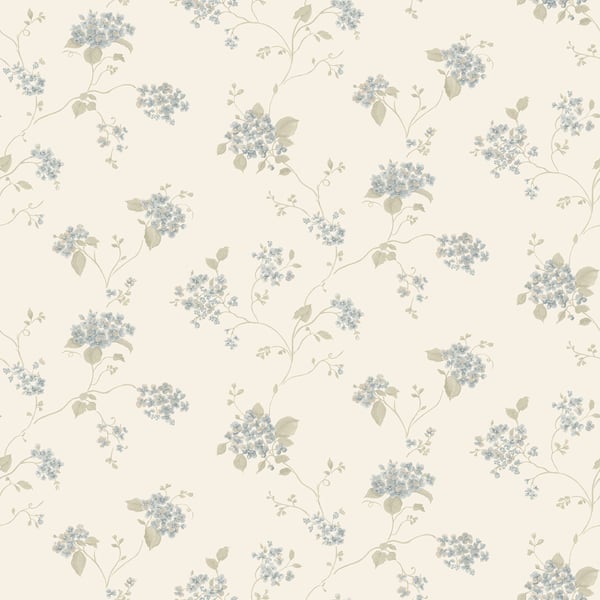 Cream background with delicate lilac floral clusters, pale-green leaves, and twisting vines in a vintage floral wallpaper pattern.