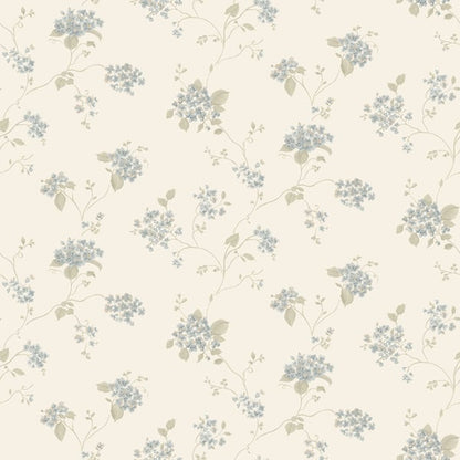Cream background with delicate lilac floral clusters, pale-green leaves, and twisting vines in a vintage floral wallpaper pattern.