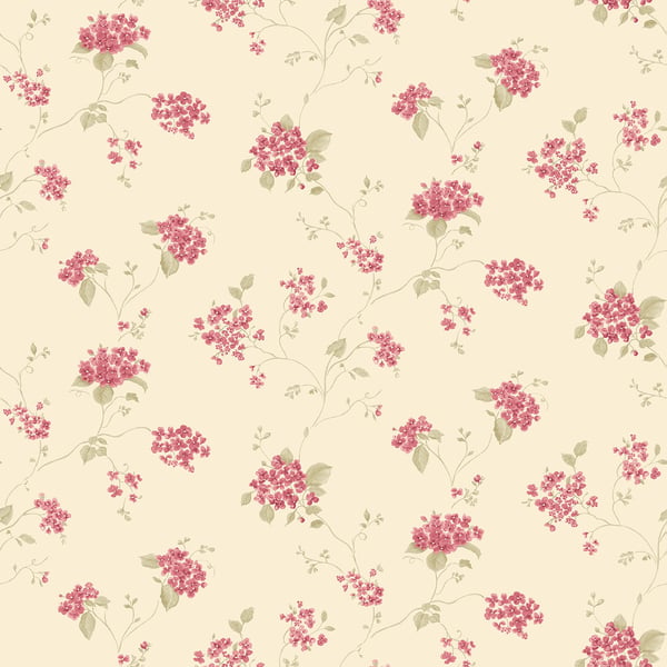 Cream wallpaper with pink floral clusters on delicate gray-green stems and leaves; vintage botanical pattern.