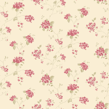 Cream wallpaper with pink floral clusters on delicate gray-green stems and leaves; vintage botanical pattern.