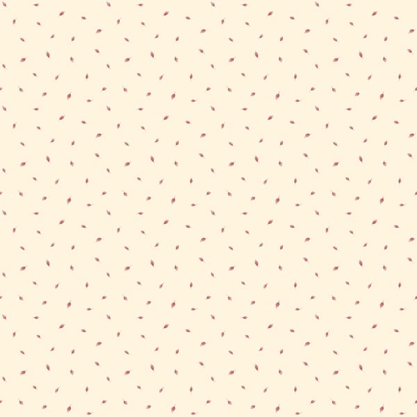 Cream wallpaper with tiny brown polka dot leaf motifs scattered on a pale background.