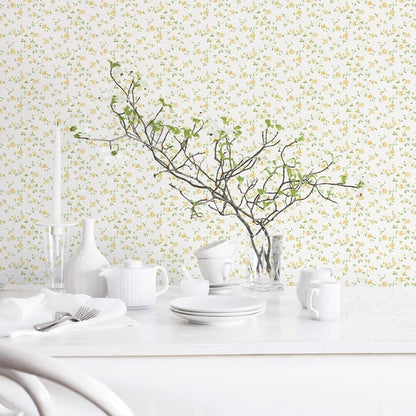 Cream wallpaper featuring a rose trellis pattern.