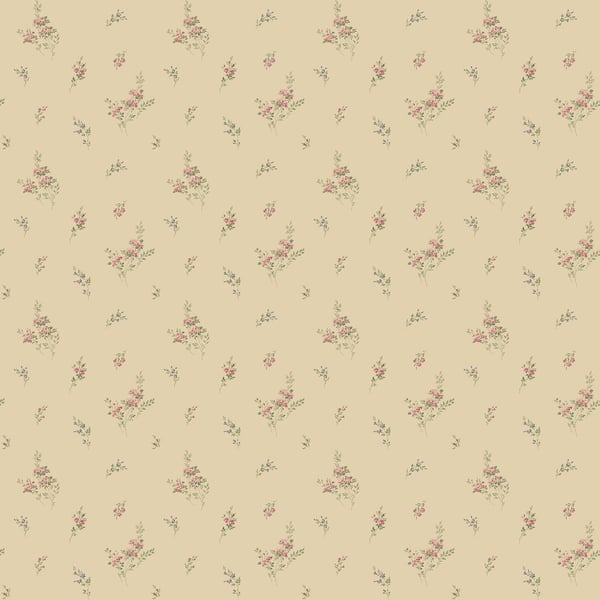 Soft beige vintage floral wallpaper with tiny pink bouquets and green leaves repeating.