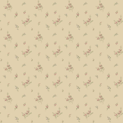Soft beige vintage floral wallpaper with tiny pink bouquets and green leaves repeating.
