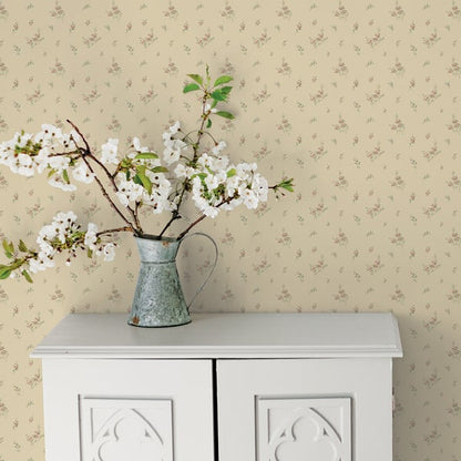 Cream wallpaper featuring a tiny rose pattern.