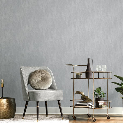 Silver-grey wallpaper with a subtle texture visible on the wall.
