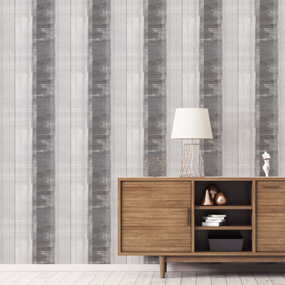 Black striped wallpaper on the wall.