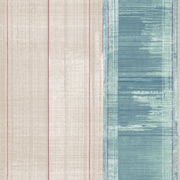 Rectangular wallcovering with a beige base, pink thin stripes, and a distressed blue vertical panel for a modern boho look.