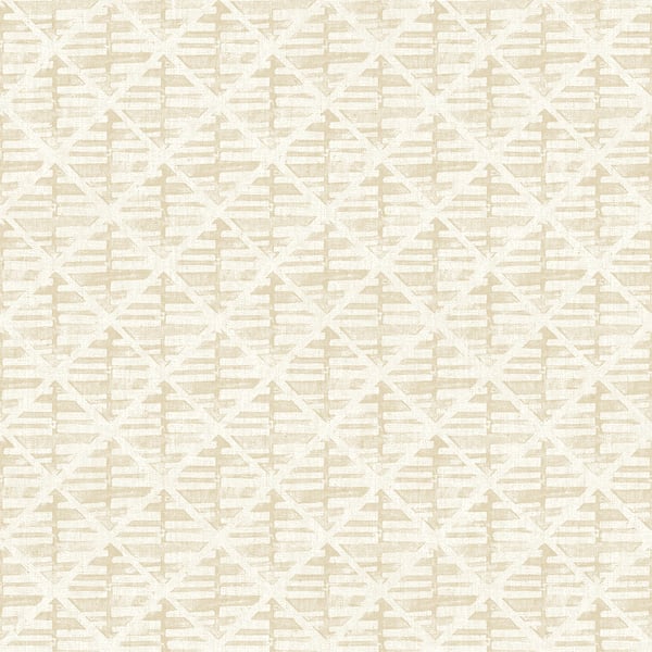 Beige wallcovering with a diagonal lattice and crosshatch motif; neutral, textured pattern.