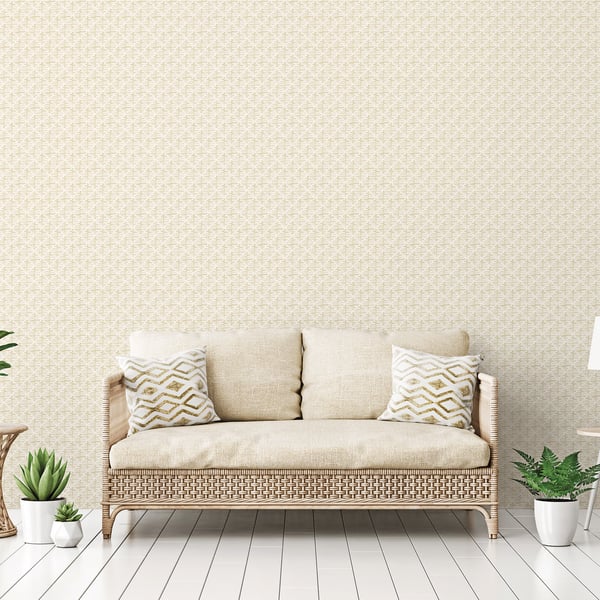 Beige block print wallpaper with a subtle geometric pattern.