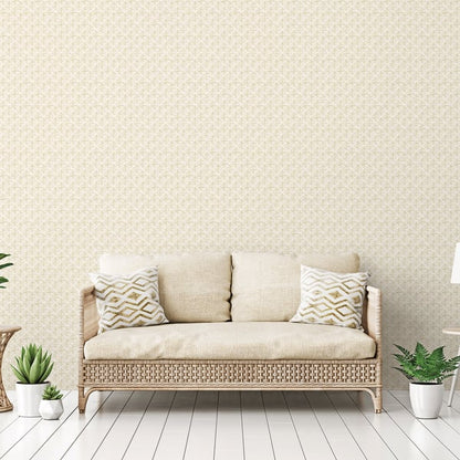 Beige block print wallpaper with a subtle geometric pattern.