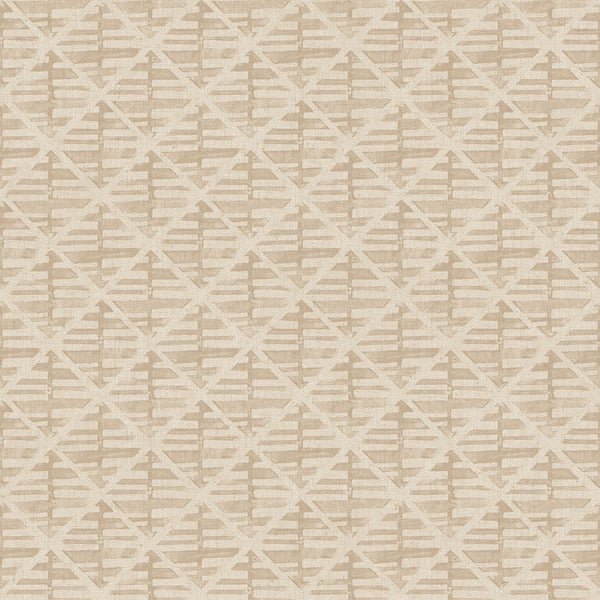Bronze and brown wallcovering with a cream lattice of diamonds in a block-print geometric trellis pattern.