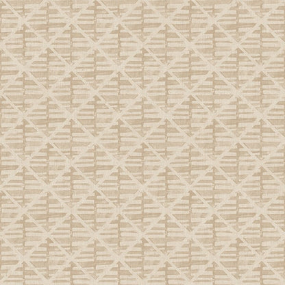Bronze and brown wallcovering with a cream lattice of diamonds in a block-print geometric trellis pattern.