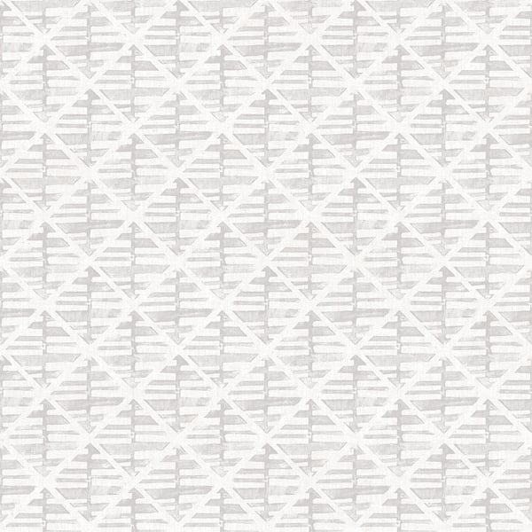 Soft gray wallcovering with a white diamond lattice pattern; woven texture.
