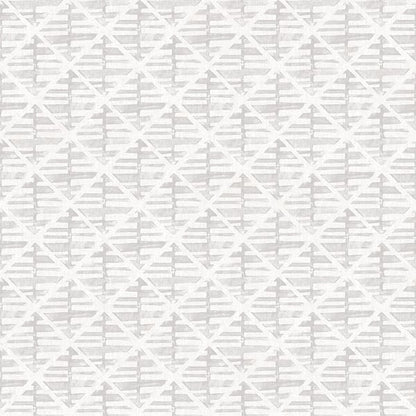 Soft gray wallcovering with a white diamond lattice pattern; woven texture.