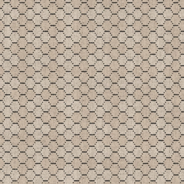 Beige wallpaper with a subtle dark honeycomb/geometric grid pattern in bronze-brown tones.