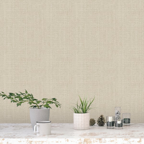 Beige textured wall with a light wood table; gray potted plant, ribbed white planter, glass jars, pinecones, & a white mug.