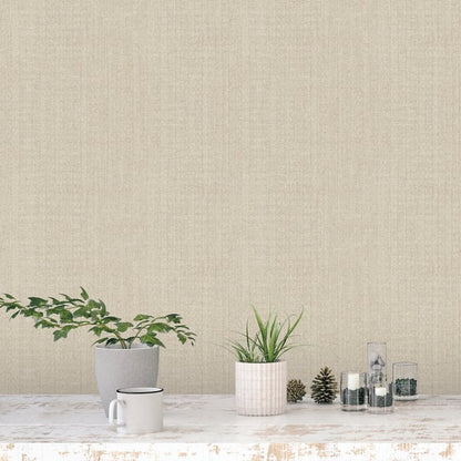 Beige textured wall with a light wood table; gray potted plant, ribbed white planter, glass jars, pinecones, & a white mug.