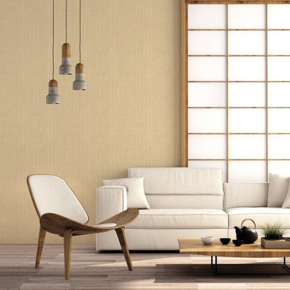 Beige living room with mid-century wood chair, white sofa, low wood coffee table, shoji screen and three pendant lights.