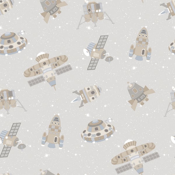 Pastel space-themed repeating pattern with cartoon rockets, satellites and saucers in beige, gray and pale blue on taupe.