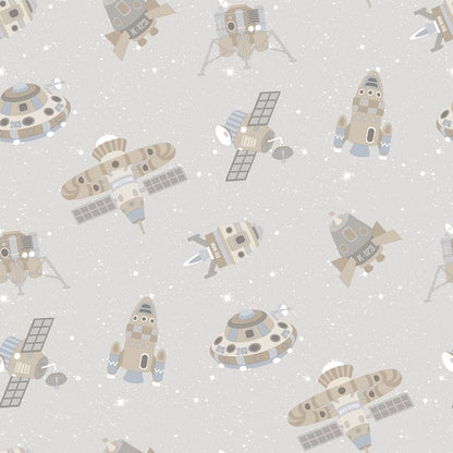 Pastel space-themed repeating pattern with cartoon rockets, satellites and saucers in beige, gray and pale blue on taupe.