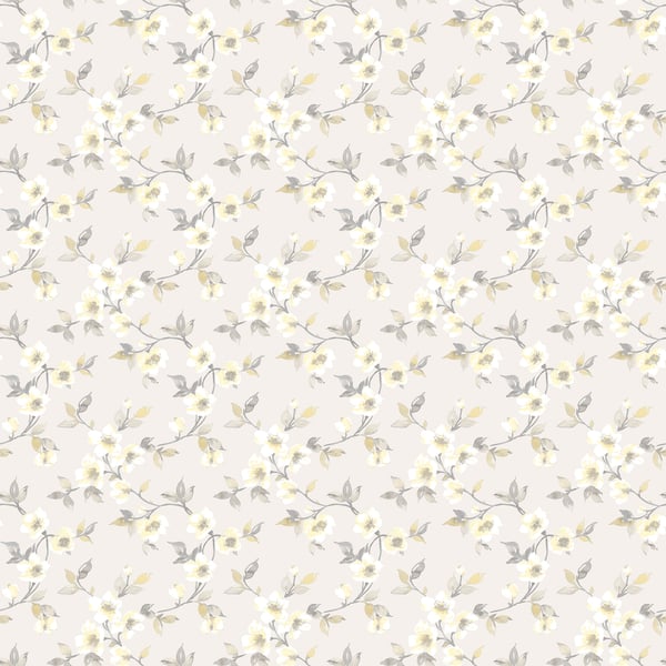 Soft floral pattern of white flowers with pale yellow centers and gray-green leaves on a warm cream background.