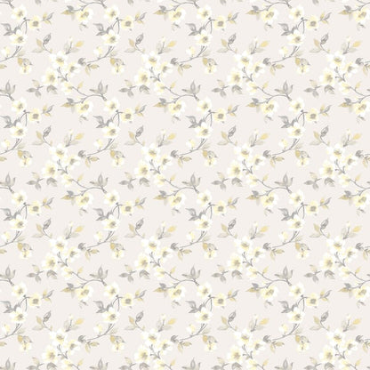 Soft floral pattern of white flowers with pale yellow centers and gray-green leaves on a warm cream background.