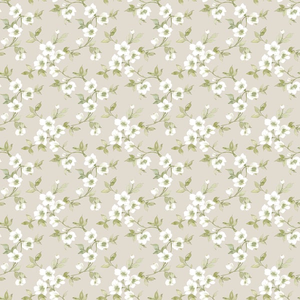 Beige floral wallpaper with white blossoms and green vines in a vintage repeating botanical pattern.