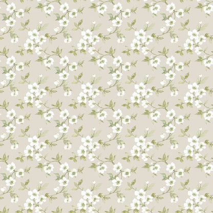 Beige floral wallpaper with white blossoms and green vines in a vintage repeating botanical pattern.