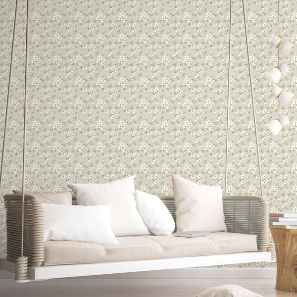 Green floral wallpaper with anemone motif on a beige background.