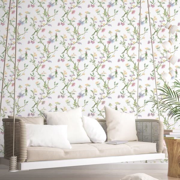 Classic Bird Trail wallpaper (G78490) from Galerie Secret Garden collection: birds and floral branches, non‑woven, paste‑the‑wall, perfect for botanical or traditional feature walls.