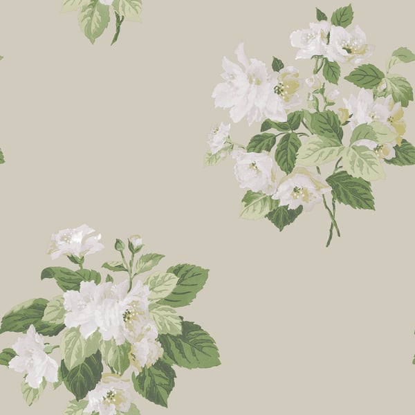 Beige floral wallpaper pattern with white roses and green leaves, vintage botanical design.