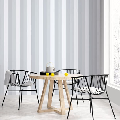 Silver-grey striped wallpaper; wallcovering with a subtle stripe pattern.